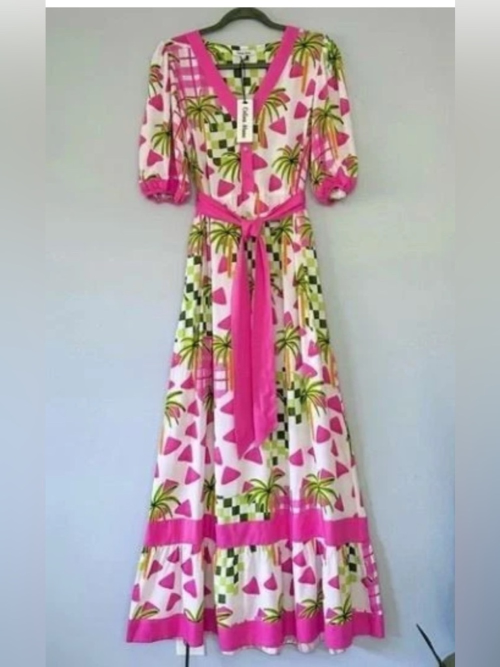 CELINA MOON Pink, Green & White Palm Print Maxi Dress